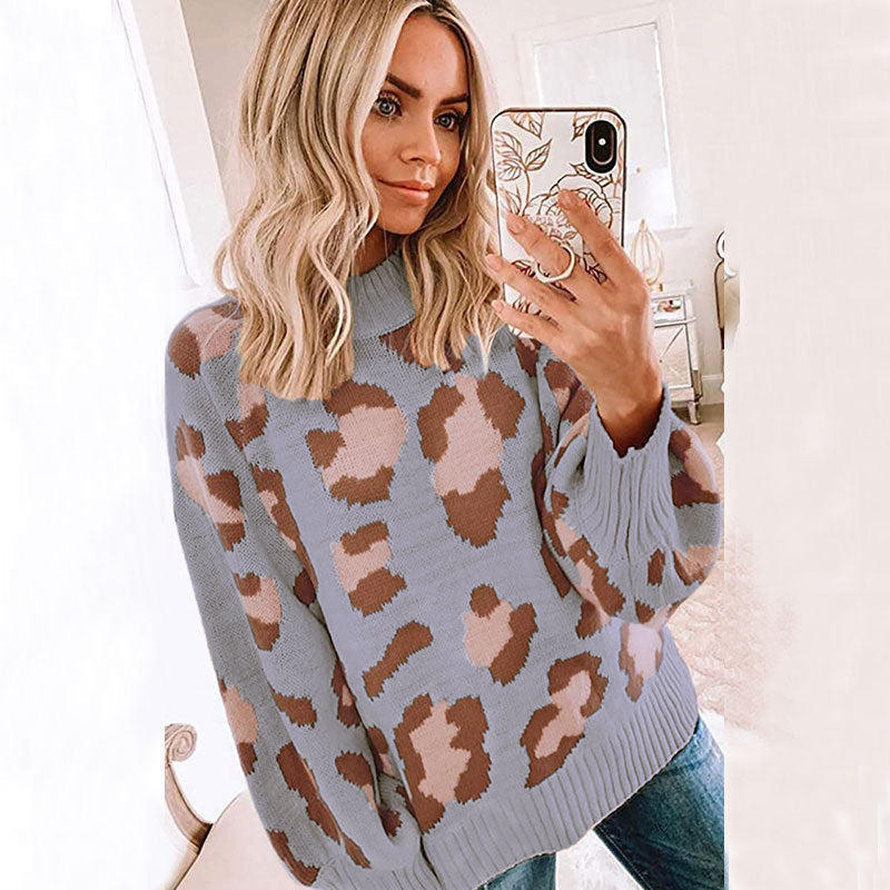 Women’s Sweater – Oversized Fit – Wool Blend Knit – Leopard Print – Crew Neck
