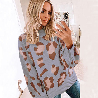 Women’s Sweater – Oversized Fit – Wool Blend Knit – Leopard Print – Crew Neck