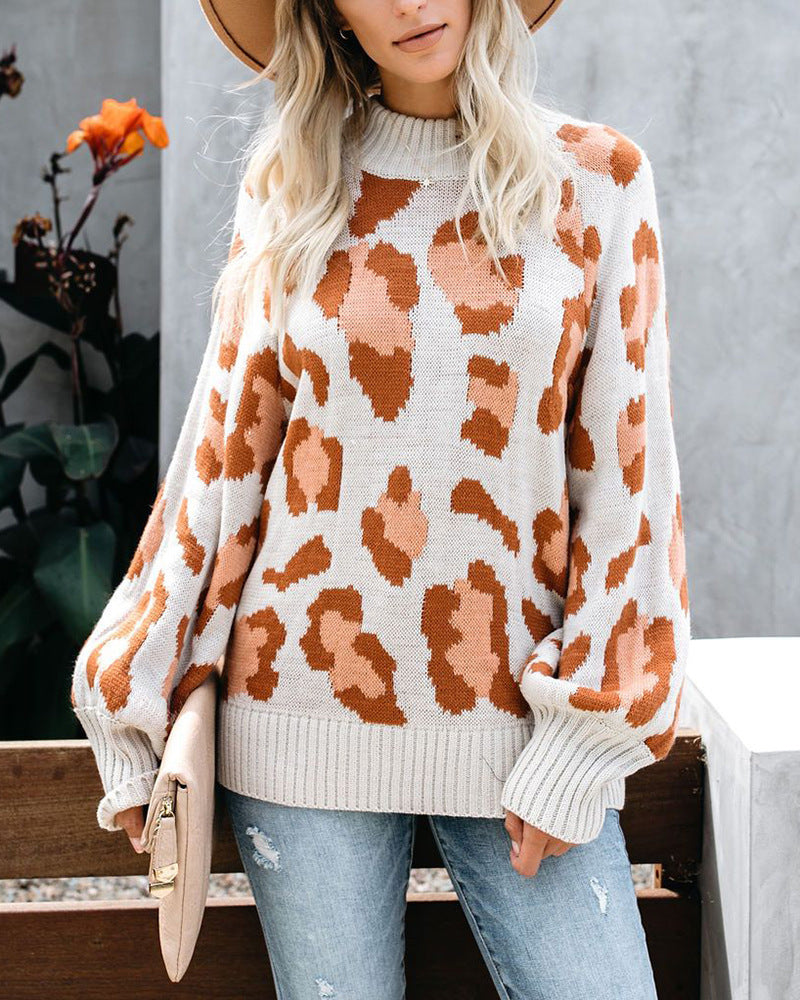 Women’s Sweater – Oversized Fit – Wool Blend Knit – Leopard Print – Crew Neck