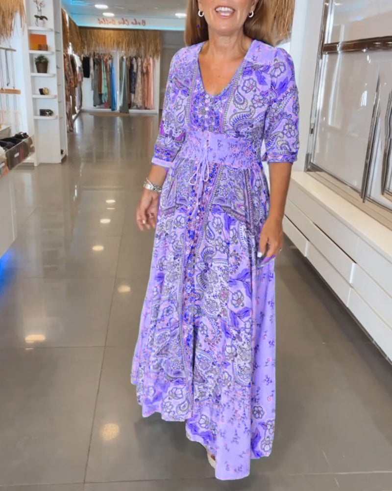 Astra - Elegant  Lace-Up Detail V-Neck Printed Dress