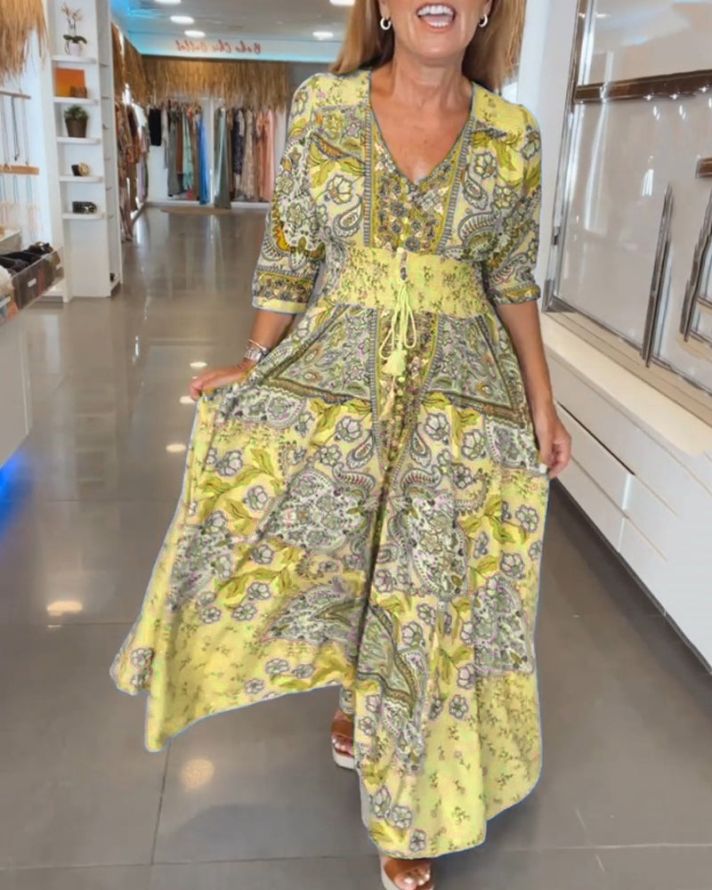 Astra - Elegant  Lace-Up Detail V-Neck Printed Dress