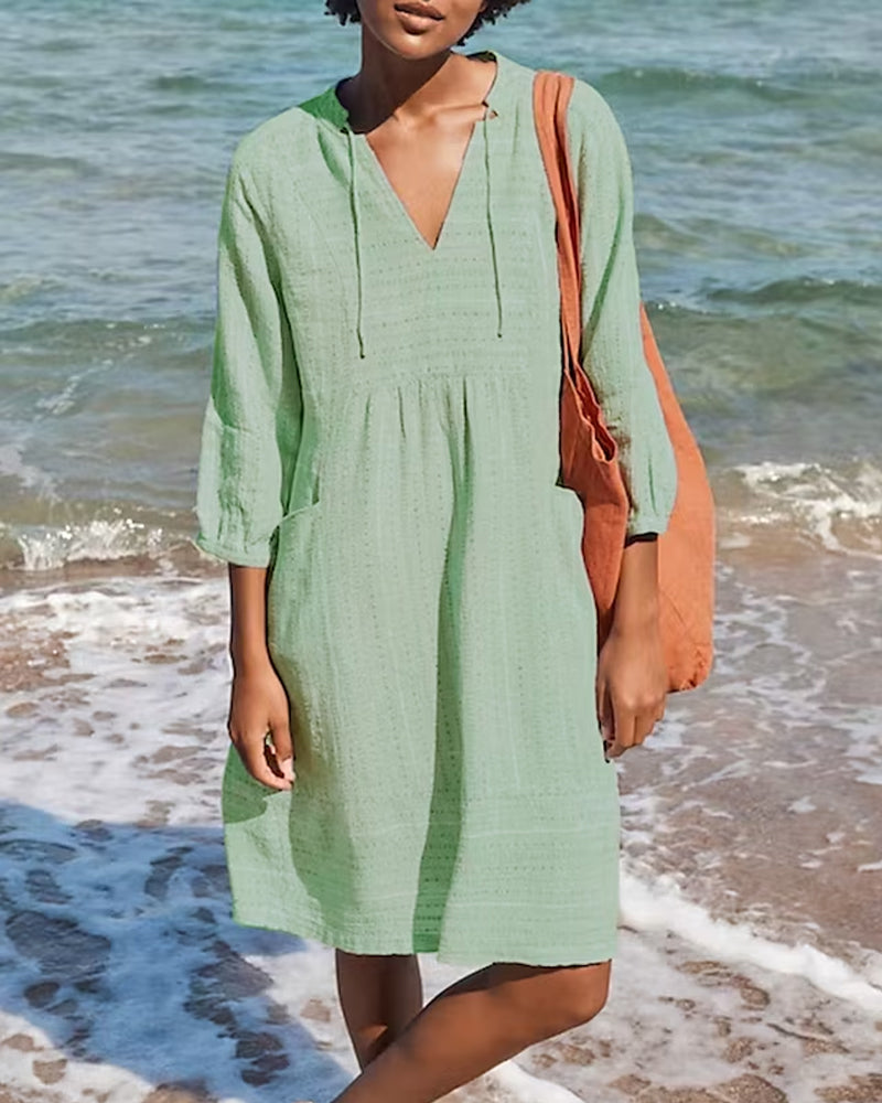 Women's Beach Cover-Up Dress - Lightweight Relaxed Fit - V-Neck 3/4 Sleeve