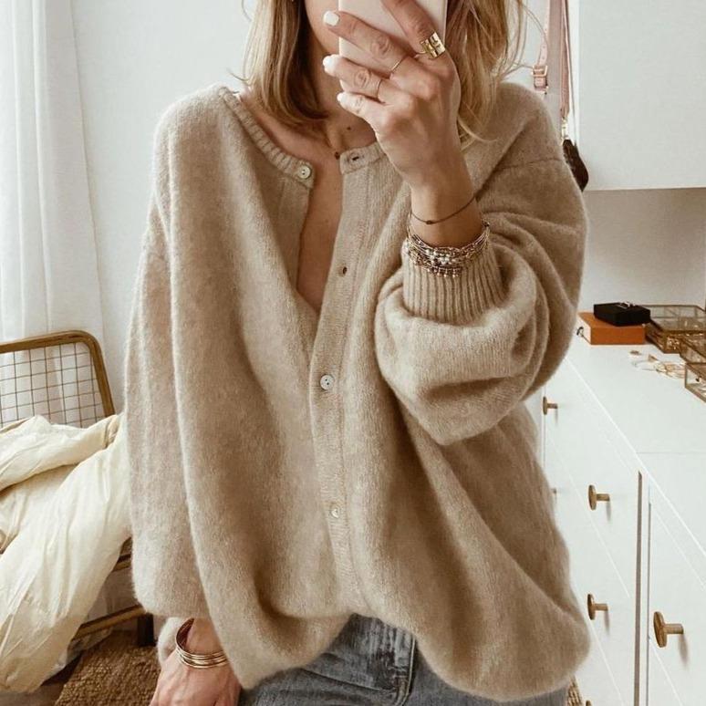 Women’s Cardigan – Oversized Fit – Wool Blend Knitted – Button-Up – Ribbed Trim