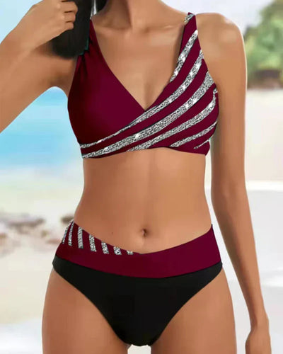Women’s Bikini Set – Wrap V-Neck Top – High Waist – Printed Stripes