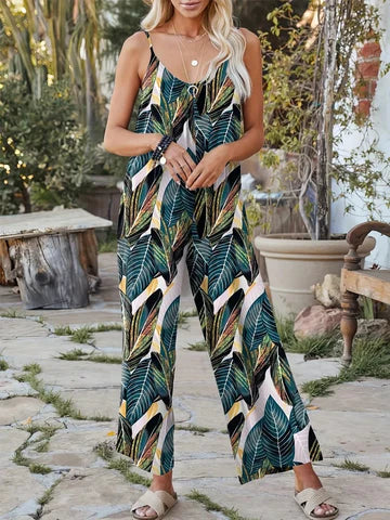 Women’s Jumpsuit – Relaxed Fit – Wide Leg – Spaghetti Straps – Tropical Print – Scoop Neck