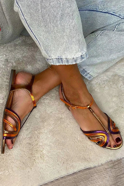Nerina | Multi-Strap Flat Sandals with Metallic Details