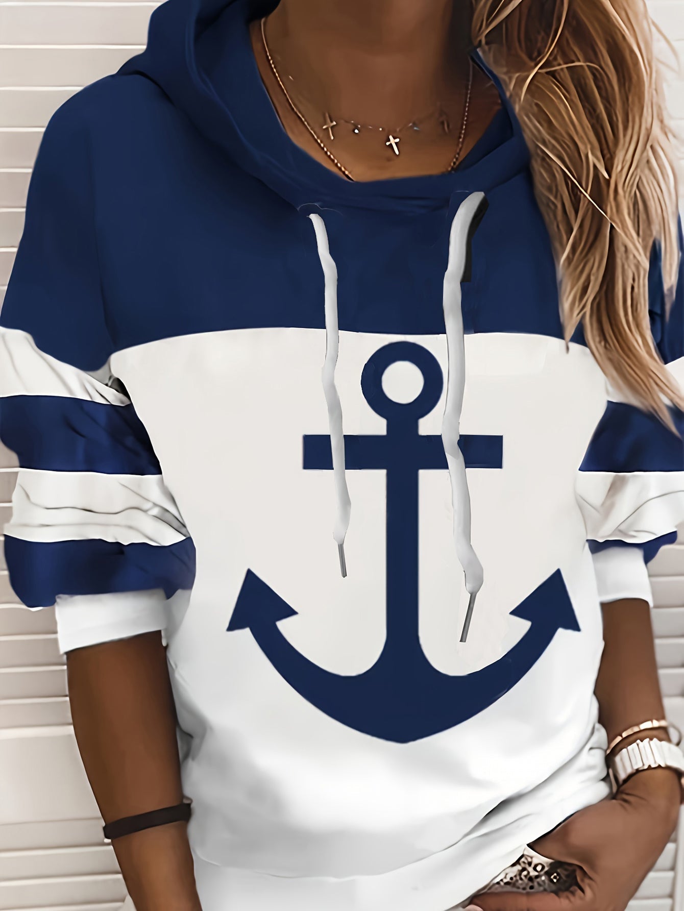 Women’s Hoodie – Relaxed Fit – Cotton Feel – Anchor Print – Colorblock – Stripe Sleeve