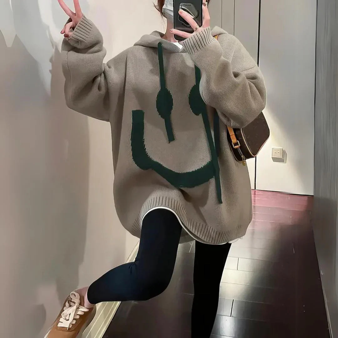 Women’s Hoodie – Oversized Fit – Knit Fabric – Graphic Smiley Face – Ribbed Cuffs
