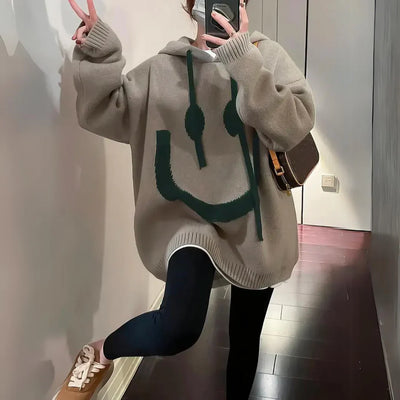Women’s Hoodie – Oversized Fit – Knit Fabric – Graphic Smiley Face – Ribbed Cuffs