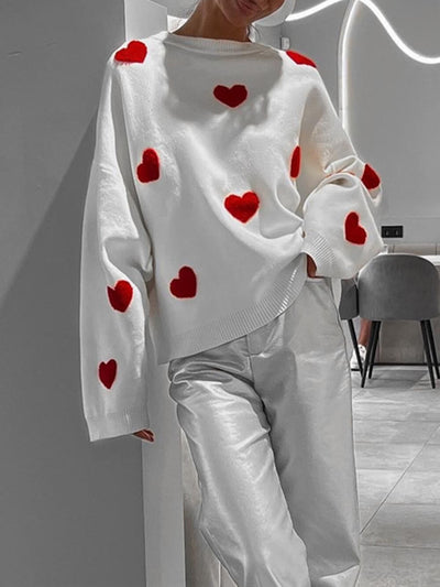 Women’s Sweatshirt – Oversized Fit – Knit Cotton Blend – Heart Pattern – Long Sleeve Casual