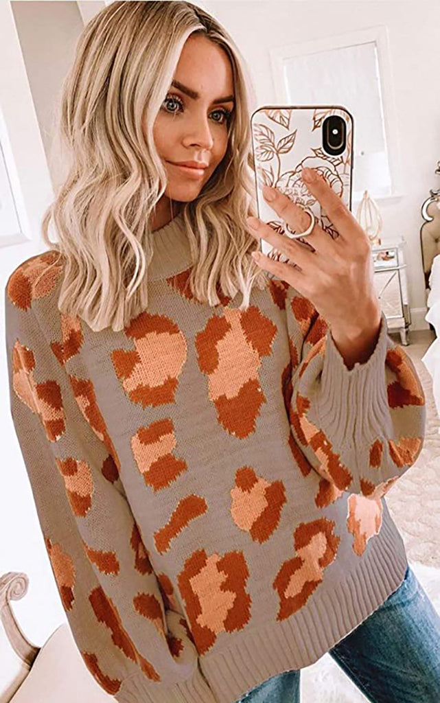 Women’s Sweater – Oversized Fit – Wool Blend Knit – Leopard Print – Crew Neck
