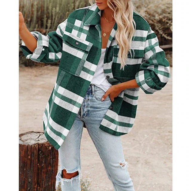 Women’s Jacket – Plaid Wool Blend – Oversized Fit – Button Front – Chest Pockets