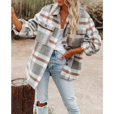 Women’s Jacket – Plaid Wool Blend – Oversized Fit – Button Front – Chest Pockets