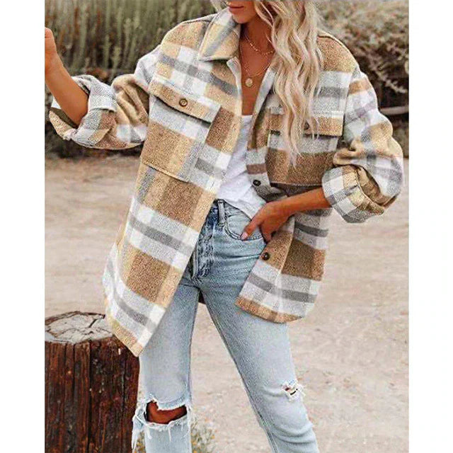Women’s Jacket – Plaid Wool Blend – Oversized Fit – Button Front – Chest Pockets