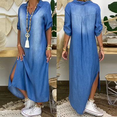 Lea | Long dress in denim look with side slit