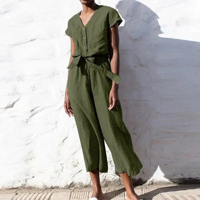Women’s Jumpsuit – Relaxed Fit – Cropped Wide Leg – Button Front – Belted Waist