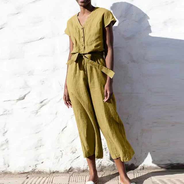Women’s Jumpsuit – Relaxed Fit – Cropped Wide Leg – Button Front – Belted Waist