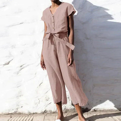 Women’s Jumpsuit – Relaxed Fit – Cropped Wide Leg – Button Front – Belted Waist