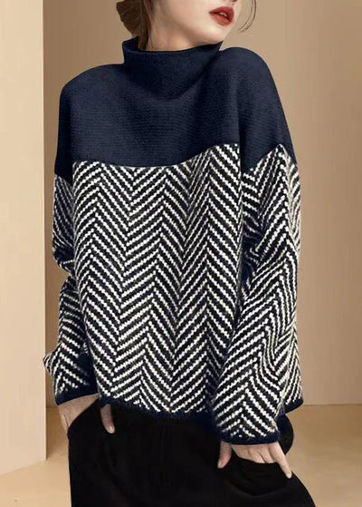 Women’s Turtleneck Sweatshirt – Relaxed Fit – Wool Blend Knit – Herringbone Pattern