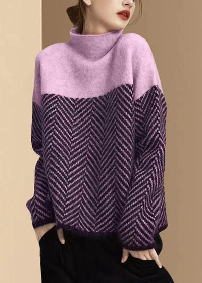 Women’s Turtleneck Sweatshirt – Relaxed Fit – Wool Blend Knit – Herringbone Pattern