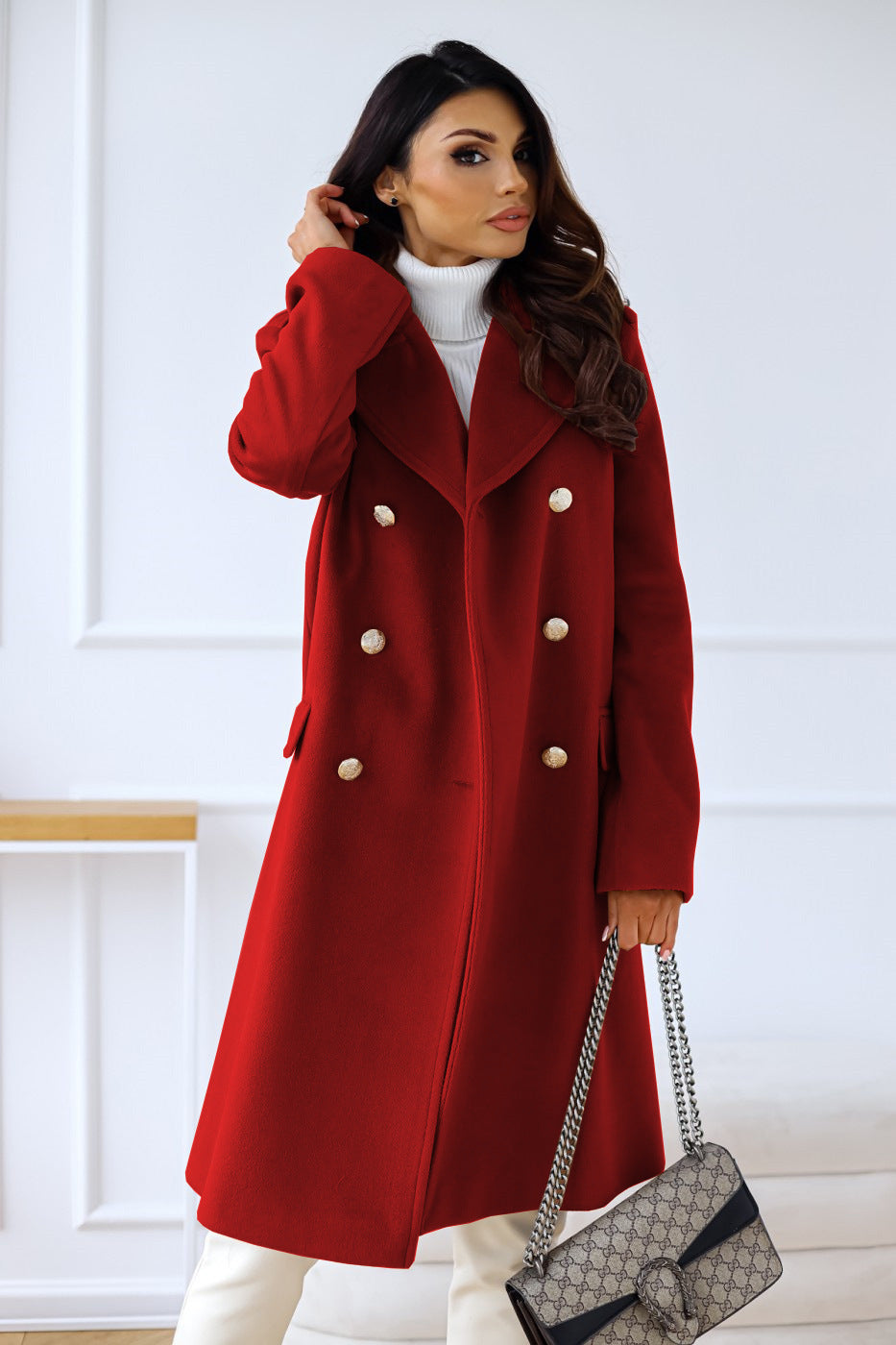 Women’s Long Coat – Wool Blend – Relaxed Fit – Double-Breasted – Wide Lapel Style