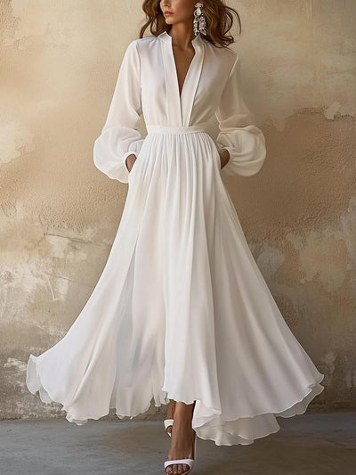 Andrea™ | Vintage Plain White V-Neck Maxi Dress