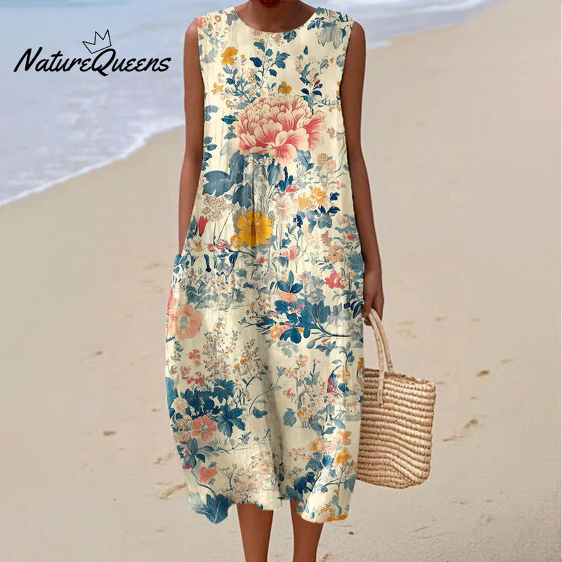 Flora | Elegant Botanical Sleeveless Midi Dress