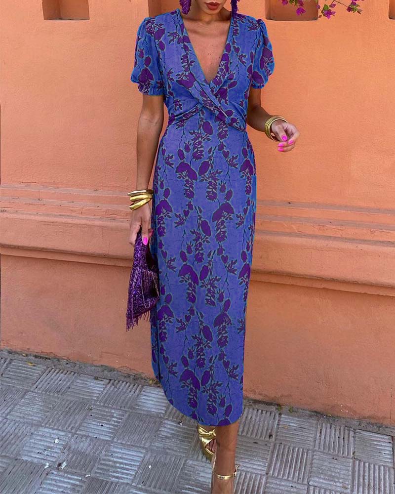 Isla - Elegant Deep V-Neck Leaf Print Dress