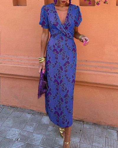 Isla - Elegant Deep V-Neck Leaf Print Dress
