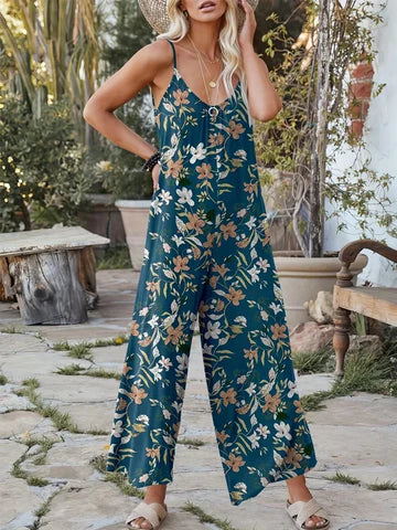 Women’s Jumpsuit – Relaxed Fit – Wide Leg – Spaghetti Straps – Tropical Print – Scoop Neck