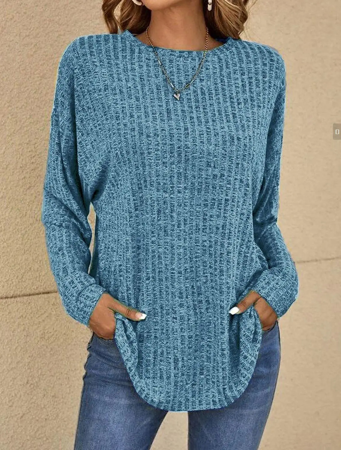 Women’s Pullover Sweatshirt – Relaxed Fit – Soft Knitted – Ribbed Texture – Long Sleeve