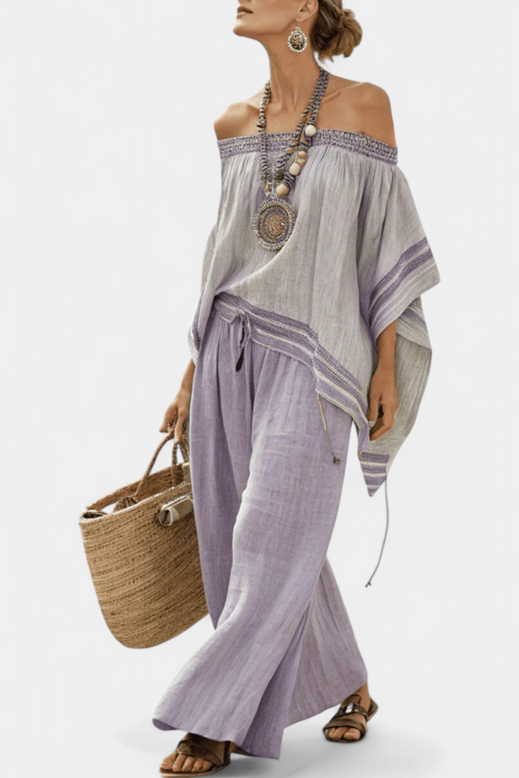 Clara | Off-Shoulder Bamboo Linen Stripe Set