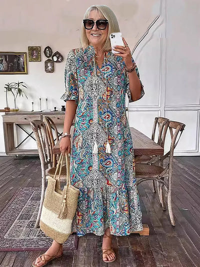 Carolette - Boho Drawstring Neck Maxi Dress