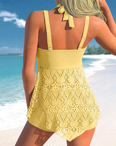 Avencea | Solid Color Tankini Set Made of High-Quality Lace