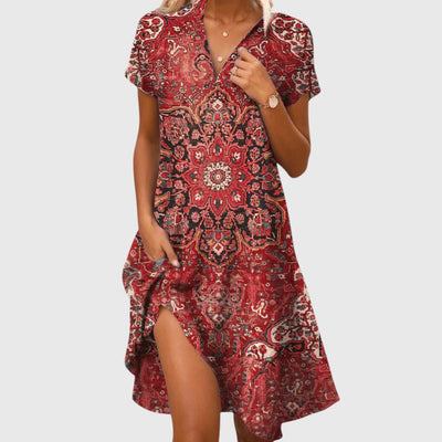 Aria | Red Boho Charm V-Neck Dress