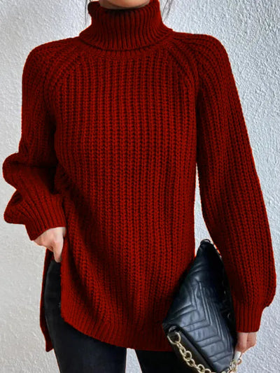 Avencea Turtleneck Sweater with Raglan Sleeves and Split Hem