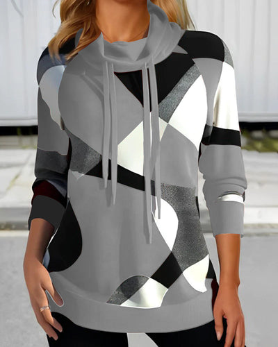 Women’s Hooded Pullover – Relaxed Fit – Soft Knit – Long Sleeve – Geometric Print