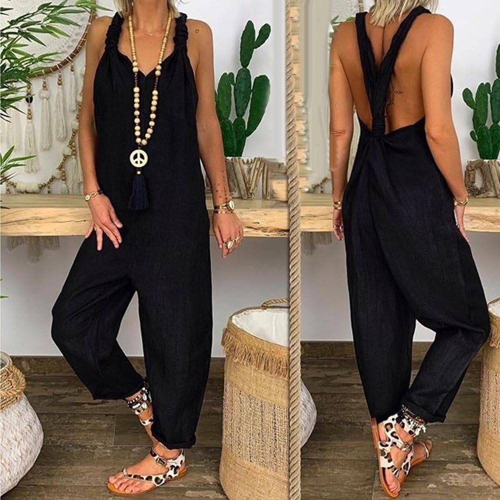 Women’s Jumpsuit – Relaxed Fit – Breathable Blend – Knotted Straps – Open Back