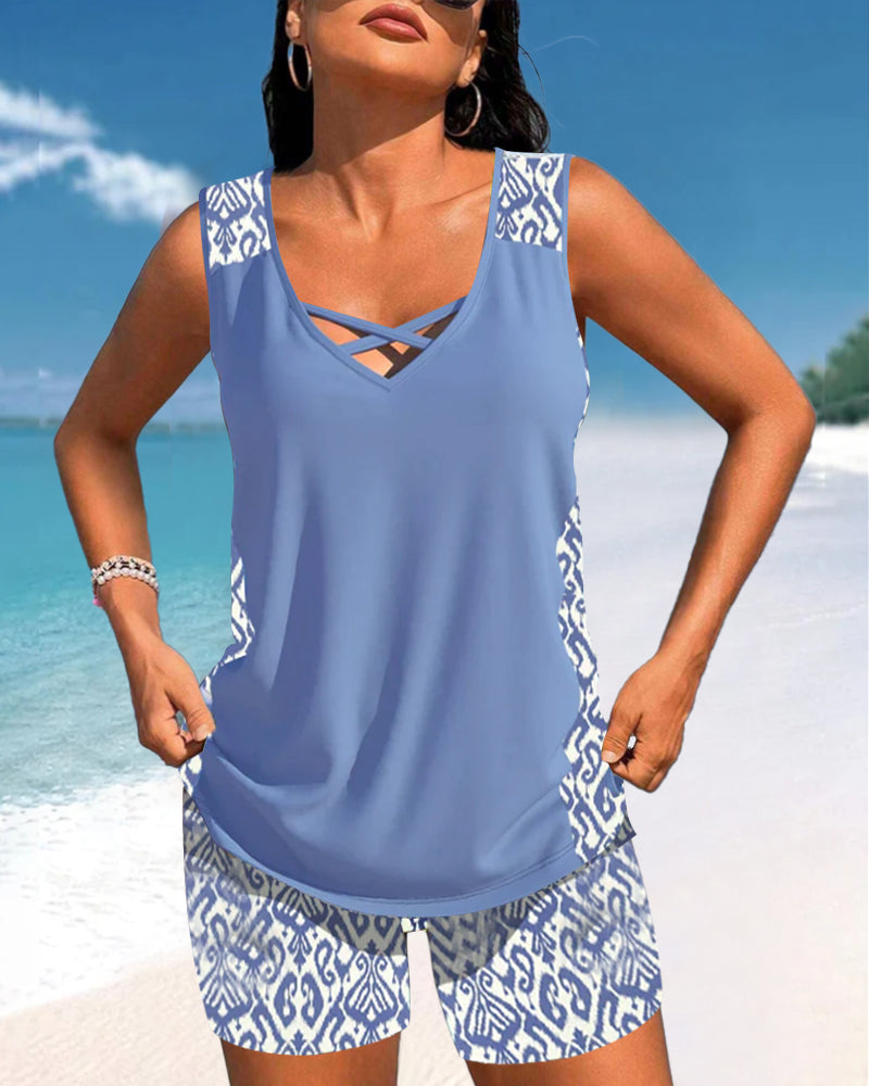 Radostawa – V-Neck Tankini with Geometric Print