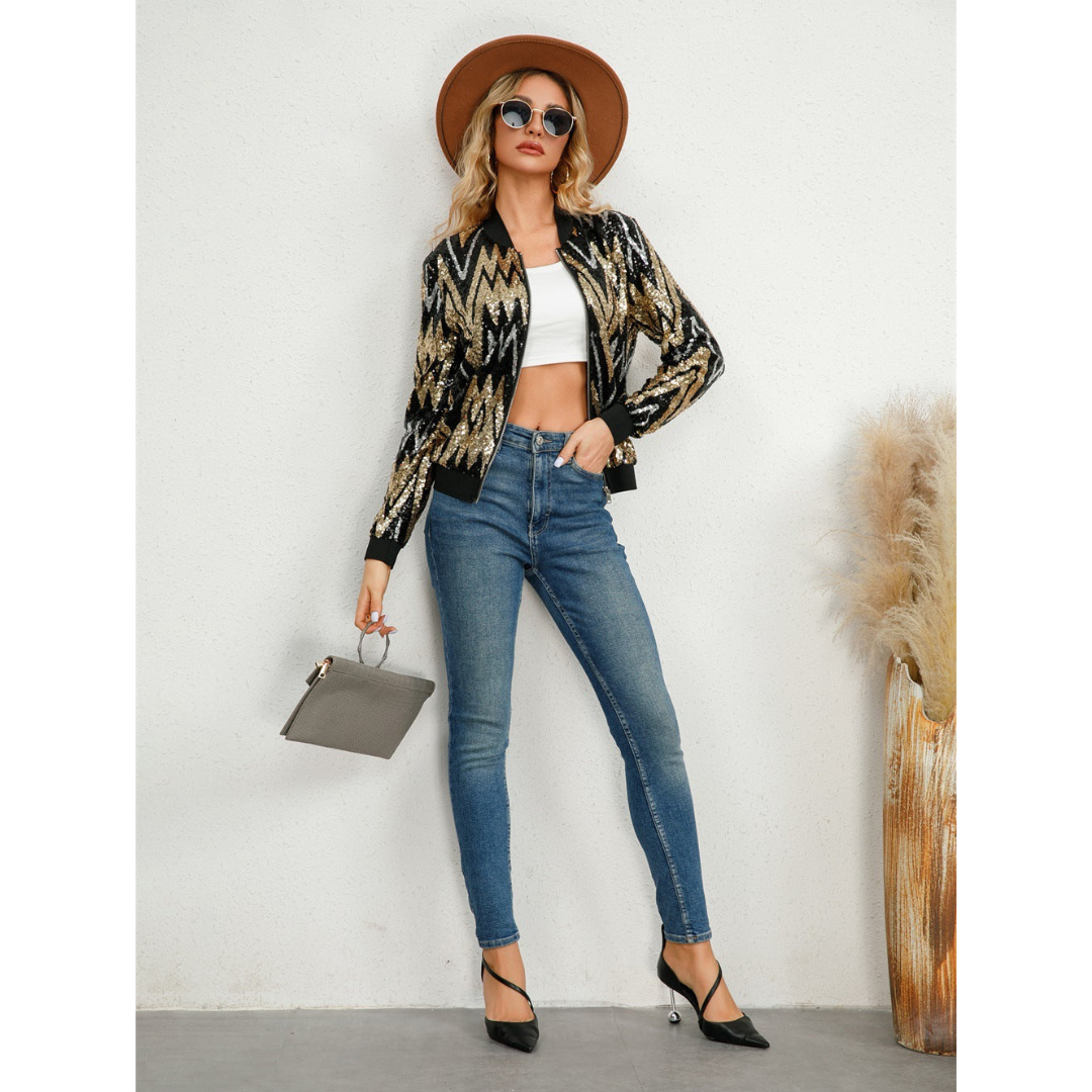 Women’s Bomber Jacket – Sequin Zigzag – Zipper Front – Ribbed Trim – Waist Length