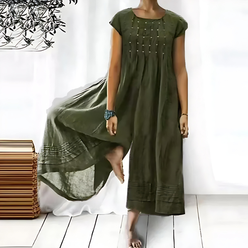 Women’s Jumpsuit – Relaxed Fit – Wide Leg – Cotton Blend – Short Sleeve – Pleated Neckline