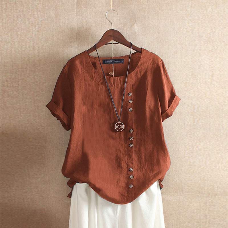 Women’s Blouse – Relaxed Fit – Linnen Blend – Short Sleeve – Asymmetrical Buttons