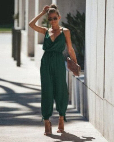 Women’s Jumpsuit – Relaxed Fit – Spaghetti Straps – High Slit – Cotton Blend – Printed
