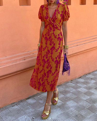 Isla - Elegant Deep V-Neck Leaf Print Dress