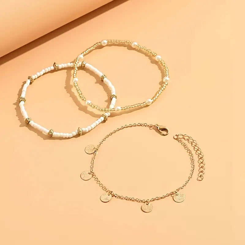Coastal Charm 3-Piece Layered Anklet Set | Gold 18k