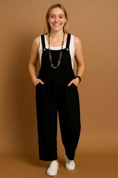 Women’s Jumpsuit – Relaxed Fit – Wide Leg – Adjustable Straps – Cotton Blend – Pockets