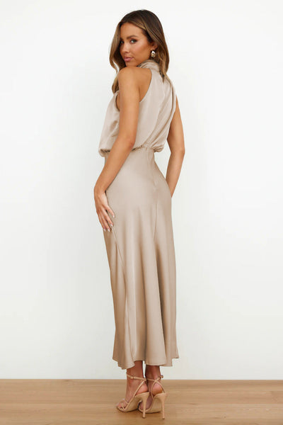 Elegant Long Satin Dress with Halter Neck