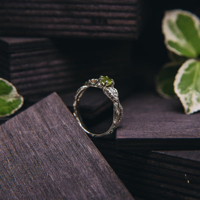 Natural Peridot Oak Leaf Silver Ring
