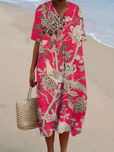 Sabrina | Crimson Garden Bird Midi Dress