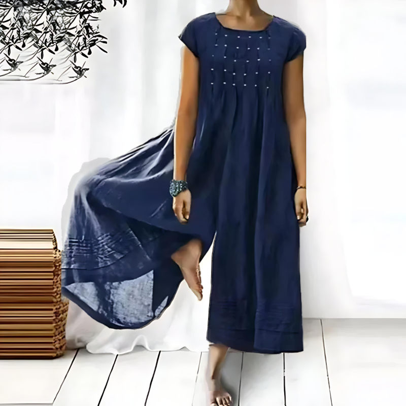 Women’s Jumpsuit – Relaxed Fit – Wide Leg – Cotton Blend – Short Sleeve – Pleated Neckline